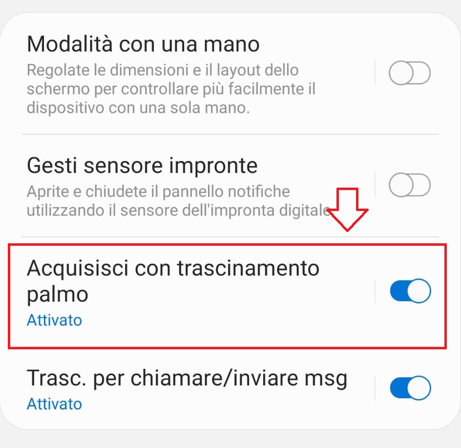 samsung screenshot trascinamento del palmo