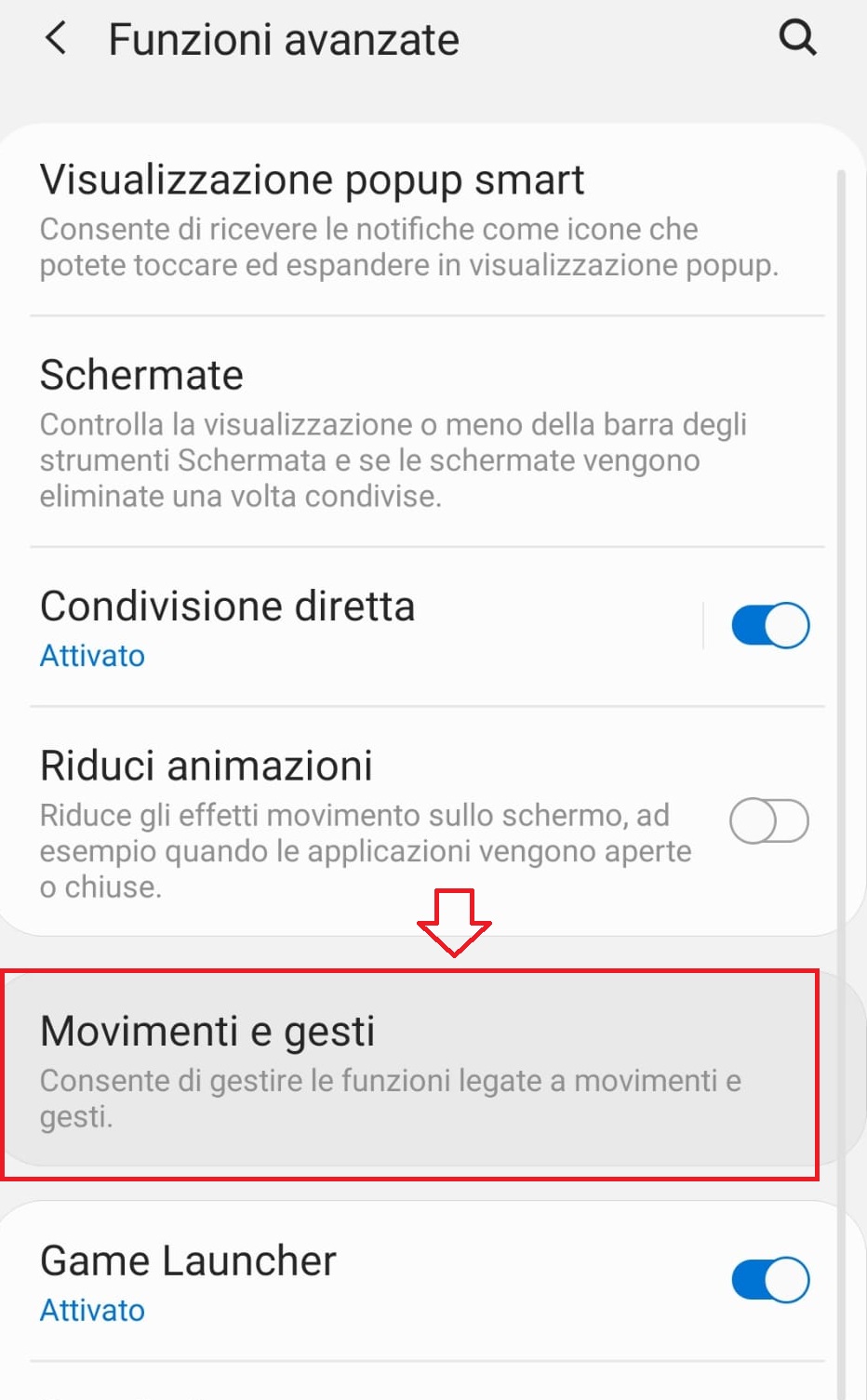 screenshot samsung movimenti e gesti